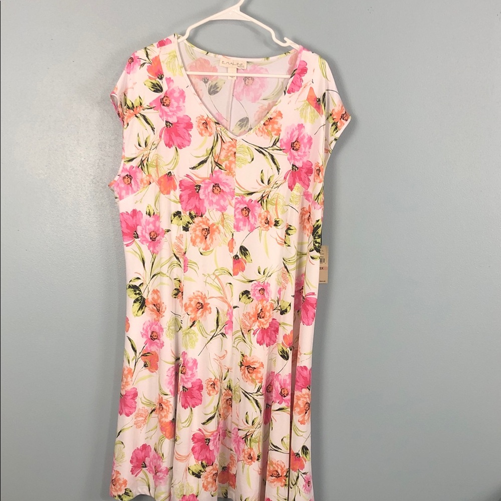 Floral Midi Dress with Pink and Green Accents